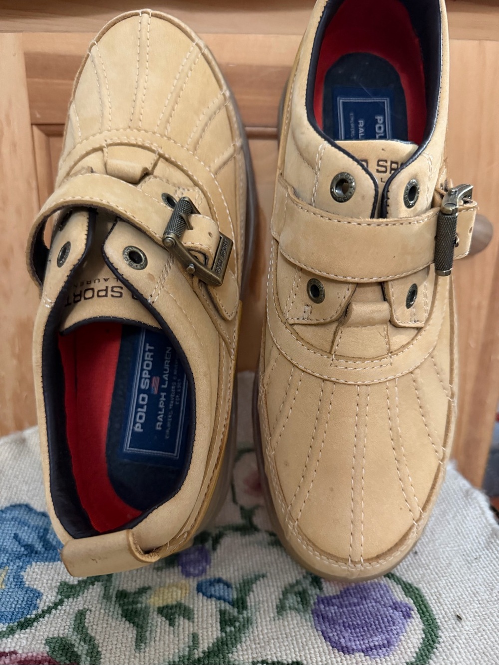 Polo by Ralph Lauren Tan Leather Sneakers with Navy & Red Accents